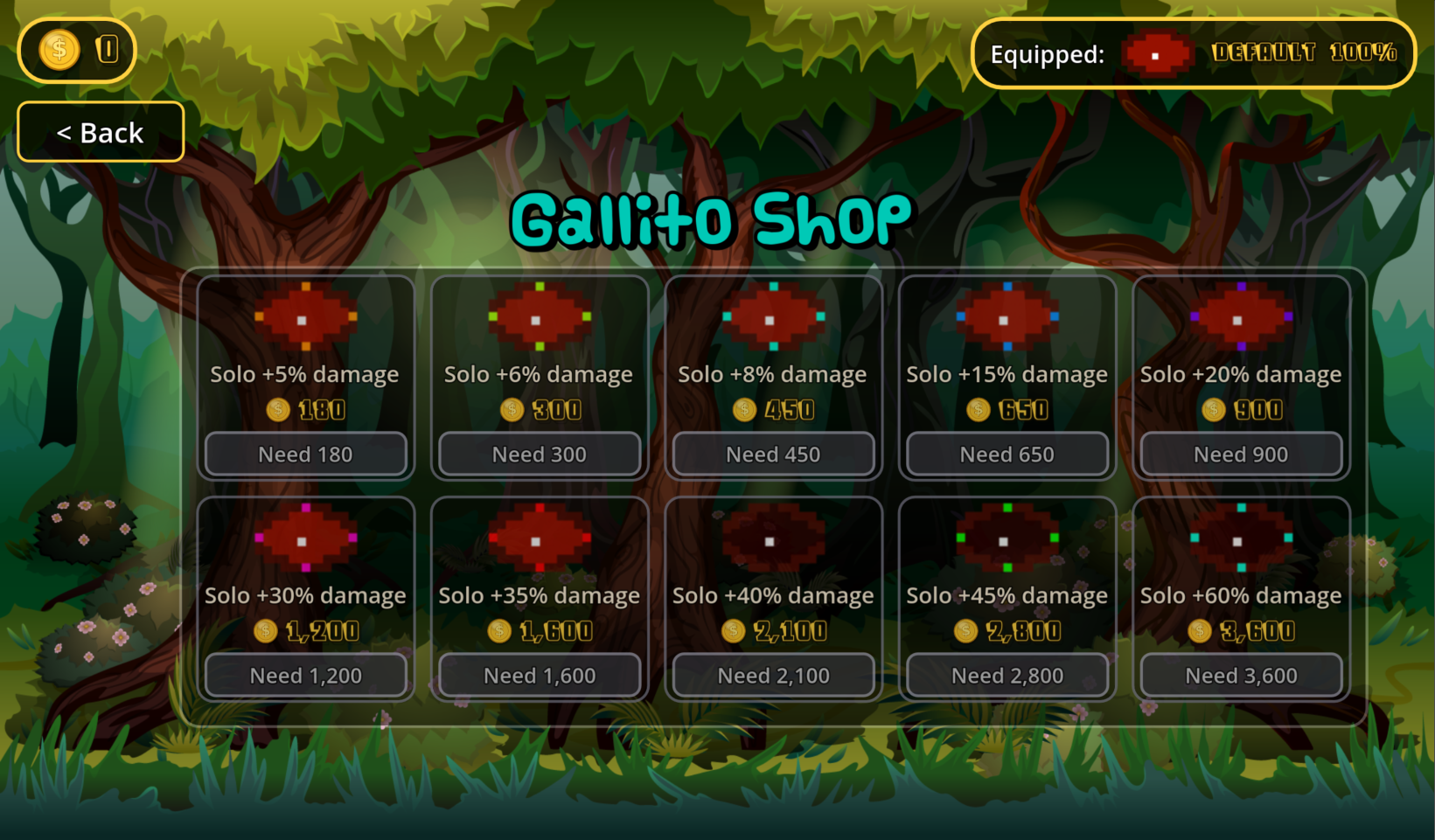 Gallito shop screen with damage upgrades.