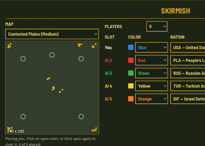 Maximum Front skirmish setup screen