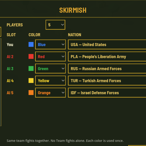 Maximum Front skirmish setup screen