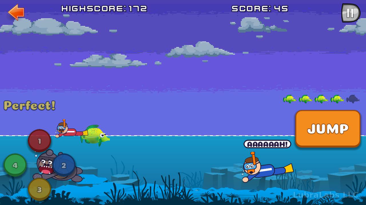 Pattern Hurdler gameplay: the fish jumps as an angry gorilla and a screaming snorkeler swim in.