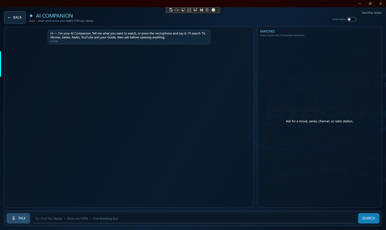 STBForge AI Companion screen for voice and typed search.