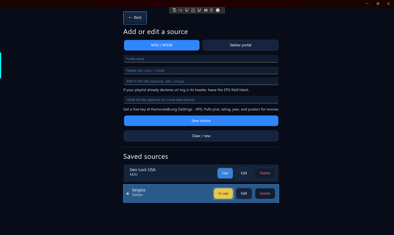 STBForge source setup screen for M3U and Stalker sources.
